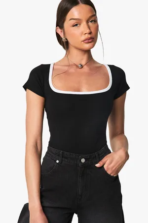 Boohoo Rib Contrast Binding Square Neck Short Sleeve Bodysuit - - 6