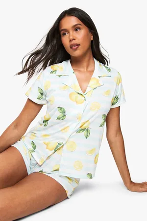 Boohoo Lemon Print Stripe Short Sleeve Shirt & Shorts Pyjama Set - - 6