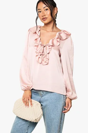 Boohoo Hammered Satin Ruffle Blouse - - 6