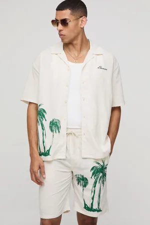 Boohoo Oversized Palm Tree Print Linen Look Shirt & Short Set - - S