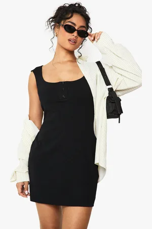 Boohoo Rib Button Front Cap Sleeve Mini Dress - - 8
