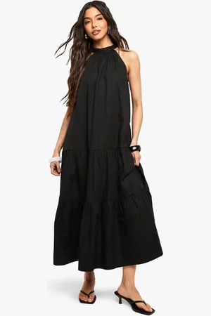 Boohoo Cotton Poplin High Neck Tiered Smock Dress - - 8