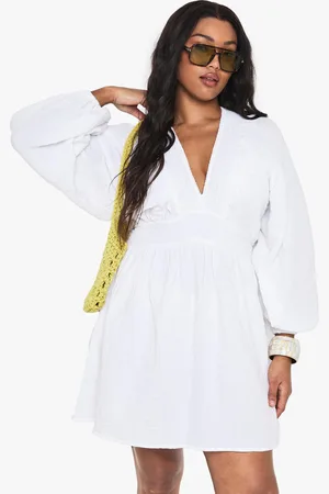 Boohoo Plus Cheesecloth Blouson Sleeve Skater Dress - - 16