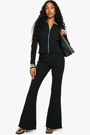 Boohoo 2 Tone Rib Zip Up Top & Flared Trouser - - 6