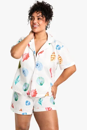Boohoo Plus Shell Printed Poplin Short Sleeve Pyjama Shorts Set - - 16