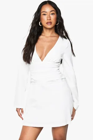 Boohoo Long Sleeve Plunge Ruched Mini Dress - - 8