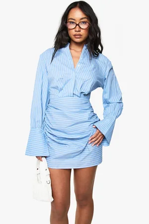 Boohoo Stripe Ruched Flare Cuff Shirt Dress - - 4