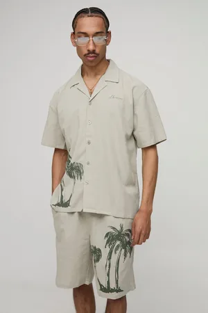 Boohoo Oversized Palm Tree Print Linen Look Shirt & Short Set - - S