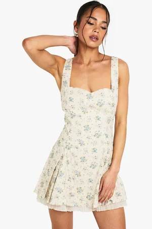 Boohoo Ditsy Floral Square Neck Pleated Hem Mini Dress - - 8