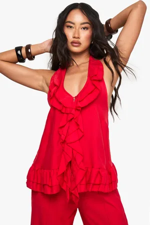 Boohoo Woven Crinkle Ruffle Button Top - - 6