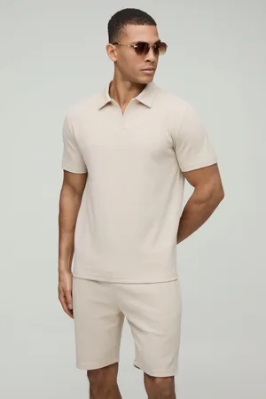Boohoo Slim Fit Man Waffle Revere Polo & Short Set - - S