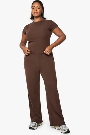 Boohoo Plus Brushed Rib T- Shirt And Wide Leg Trouser Set - - 16