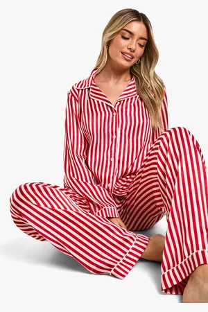 Boohoo Christmas Candy Cane Stripe Satin Button Through Shirt & Pants Pyjama Set - - 14