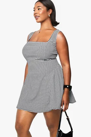 Boohoo Plus Gingham Volume Skater Dress - - 16