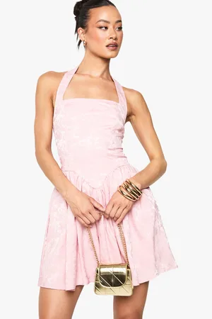 Boohoo Tall Halter Jaquard Square Neck Skater Dress - - 8