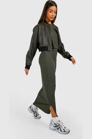 Boohoo Ribbed Midi Skirt With Split - - 10