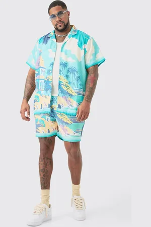 Boohoo Mens Plus Regular Landscape Print Shirt & Swim Short Set