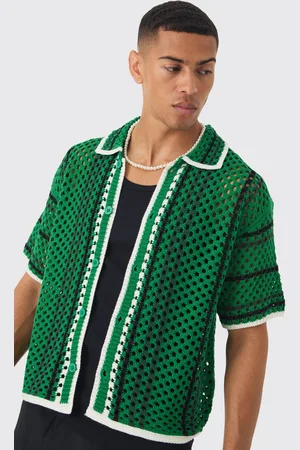 Boohoo Mens Oversized Boxy Open Stitch Stripe Knit Shirt