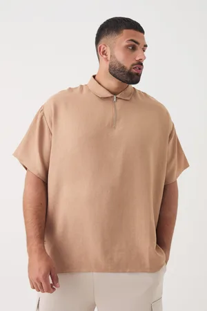Boohoo Mens Plus Zip Up Linen Polo In