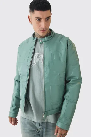 Boohoo Mens Tall Boxy BHM PU Collarless Moto Biker Jacket In