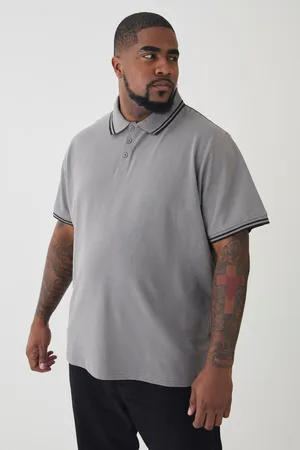 Boohoo Mens Plus Slim Tipped Pique Polo In Slate
