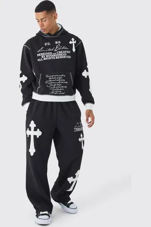 Boohoo Mens Oversized Boxy Limited Edition Cross Applique Hoodie and Jogger Tracksuit
