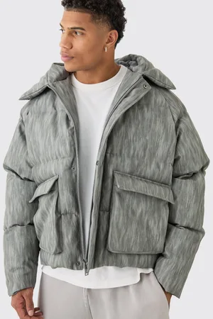 Boohoo Mens Oversized Boxy Washed Pu Hooded Puffer Coat In