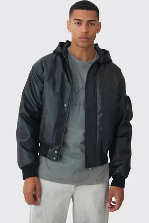 Boohoo Mens Padded Hooded PU Bomber Jacket In