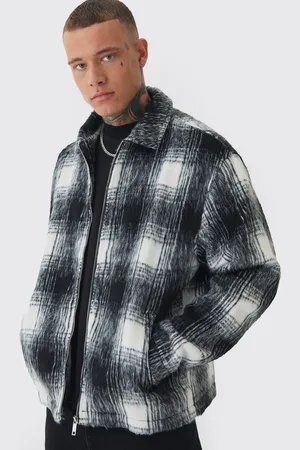 Boohoo Mens Tall Brushed Check Collared Harrington Jacket In