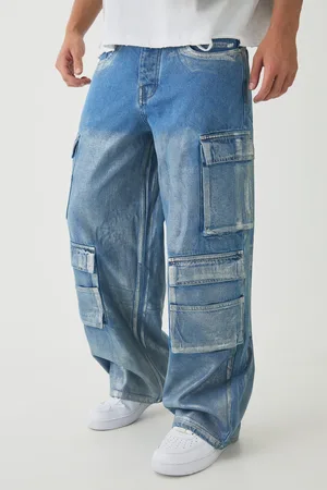 Boohoo Mens Baggy Rigid Sliver Metallic Coated Denim Cargo Jeans