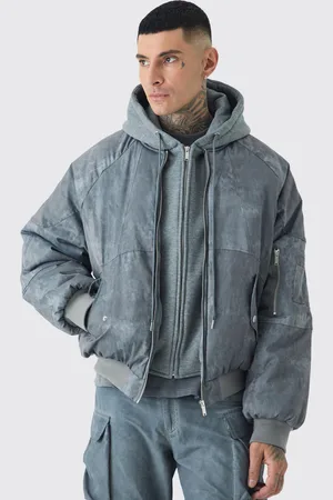 Boohoo Mens Tall Boxy Washed Padded Hooded Bomber Jacket In