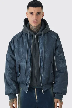 Boohoo Mens Tall Boxy Washed Padded Hooded Bomber Jacket In