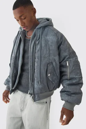 Boohoo Mens Boxy Washed Padded Hooded Bomber Jacket