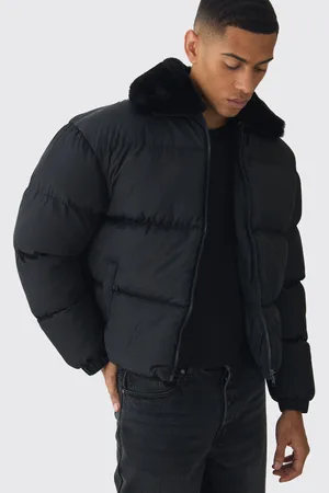 Boohoo Mens Boxy Faux Fur Collar Puffer Jacket In