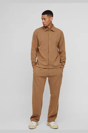 Boohoo Mens Oversized Two-tone Zip Ribbed Jersey Shirt & Straight Jogger Set