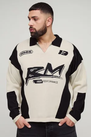 Boohoo Mens Plus Oversized Boxy Long Sleeve Knitted Moto Polo