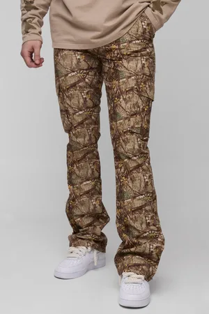 Boohoo Mens Tall Washed Ripstop Stacked Zip Hem Forest Camo Cargo Trousers