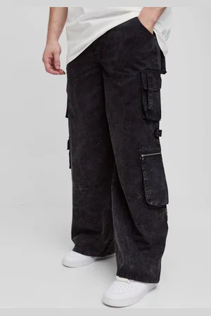 Boohoo Mens Tall Washed Twill Pleat Knee Multi Pocket Baggy Cargo Trousers