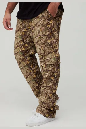 Boohoo Mens Plus Washed Ripstop Stacked Zip Hem Forest Camo Cargo Trousers