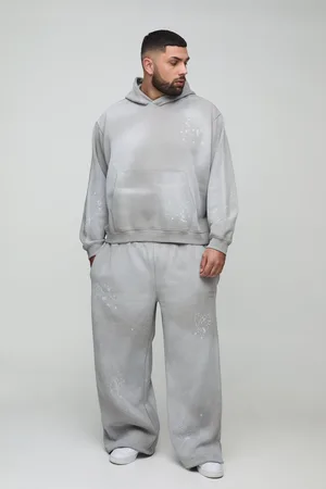 Boohoo Mens Plus Oversized Embroidered Spray Wash Wide Fit Boxer Jogger Tracksuit