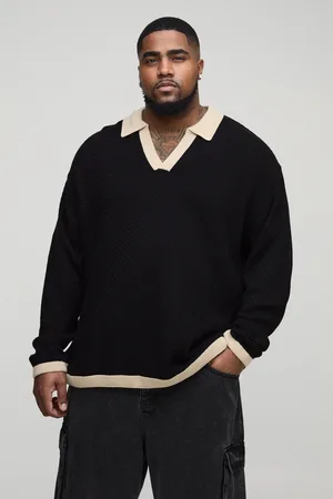 Boohoo Mens Plus Long Sleeved Oversized Contrast Collar Knitted Polo