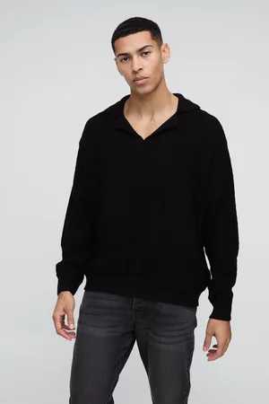 Boohoo Mens Oversized Boxy Revere Collar Basket Knitted Polo
