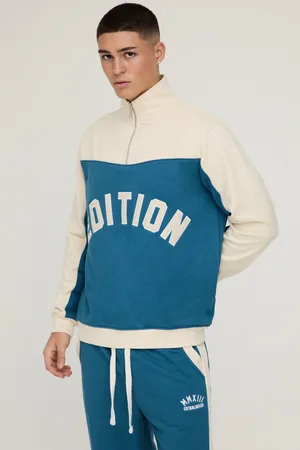 Boohoo Mens Regular Fit Applique Quarter Zip Loopback Colour Block Funnel Neck