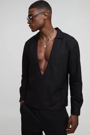 Boohoo Mens Oversized Wrap Front Long Sleeve Linen Blend Shirt