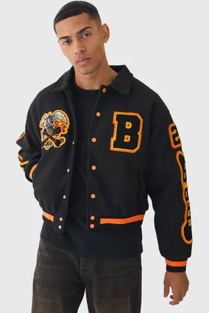 Boohoo Mens Boxy Badge Collared Varsity Jacket In