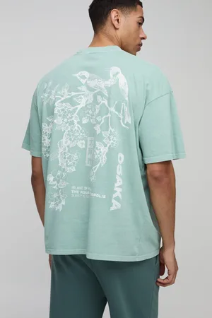 Boohoo Mens Oversized Extended Neck Blossom Floral Osaka Graphic Washed T-Shirt