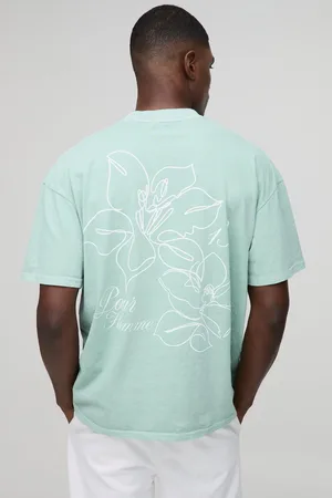 Boohoo Mens Oversized Extended Neck Line Drawn Floral Print Washed T-Shirt