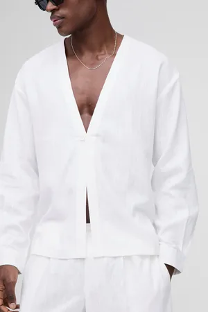 Boohoo Mens Heavyweight Linen Blend Collarless Long Sleeve Regular Fit Shirt
