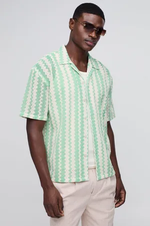 Boohoo Mens Regular Short Sleeve Drop Revere Zig Zag Open Weave Shirt
