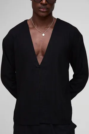 Boohoo Mens Heavyweight Linen Blend Collarless Long Sleeve Regular Fit Shirt